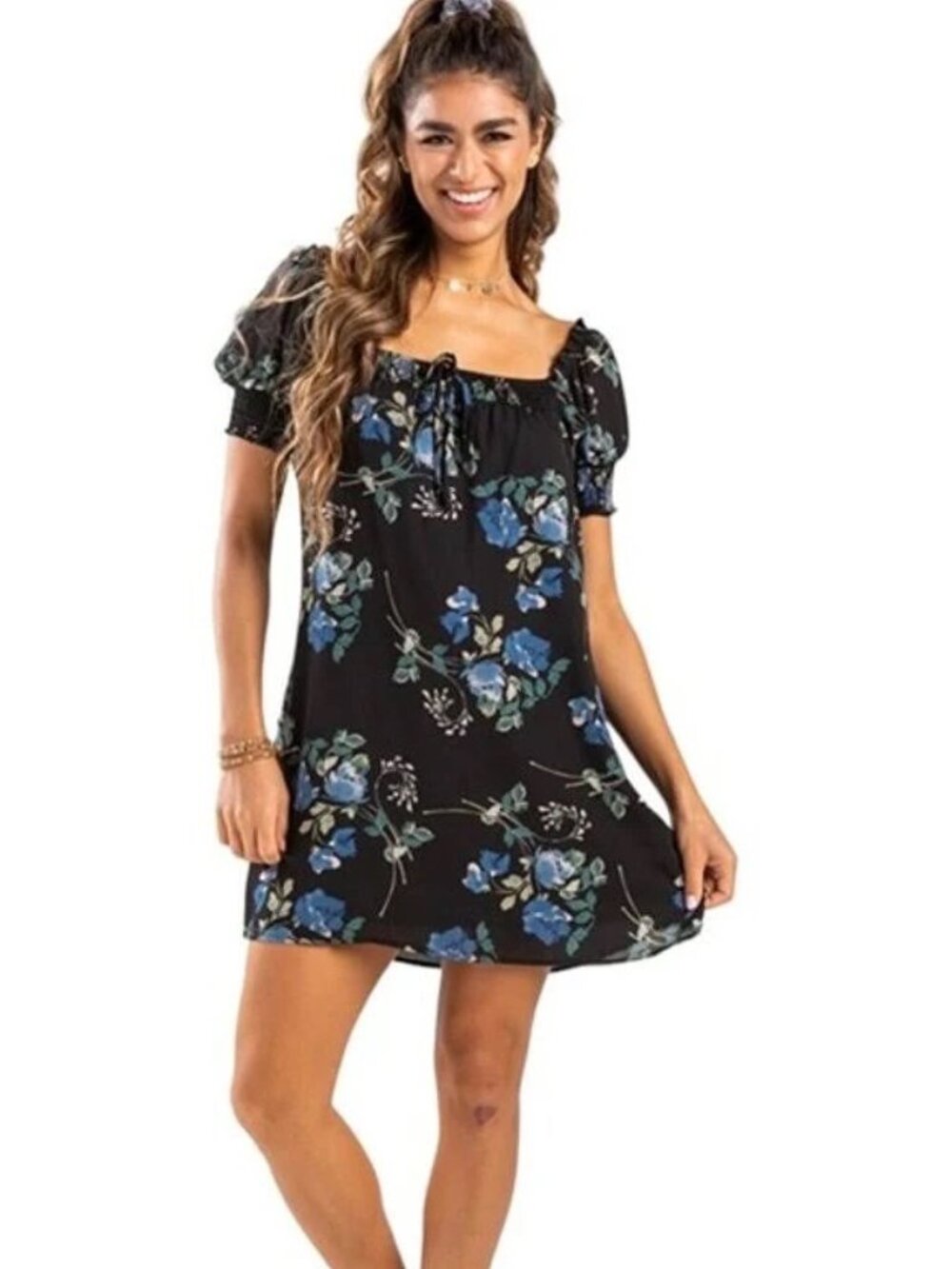 NWT Blue Rain by Francesca's Nita Black Blue Floral Smocked Boho Coquette Dress